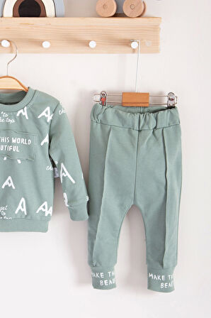 3-18 Ay Erkek Bebek Takımı Harf Baskılı 2'li Yeşil