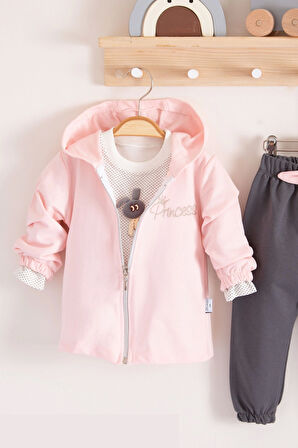 3-18 Ay Prences Kız Bebek Takımı Kapişonlu 3'lü Pembe
