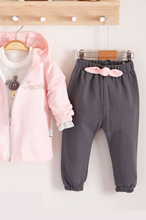 3-18 Ay Prences Kız Bebek Takımı Kapişonlu 3'lü Pembe