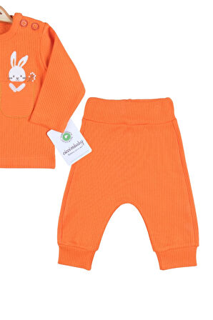 3-12 Ay Kız Bebek Takımı Cepli Tavlan Nakışlı 2'li Turuncu
