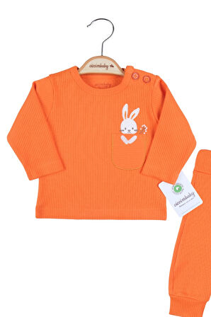 3-12 Ay Kız Bebek Takımı Cepli Tavlan Nakışlı 2'li Turuncu