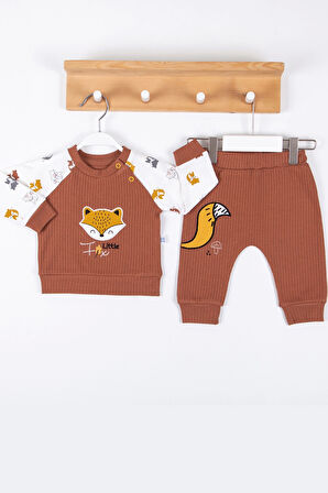 3-12 Ay Erkek Bebek Takımı Littie Fox Nakışlı 2'li Kahverengi