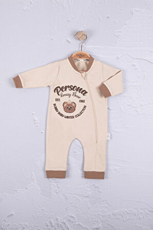 3-12 Ay Erkek Bebek Tulum Persona Bear Nakışlı Kahverengi