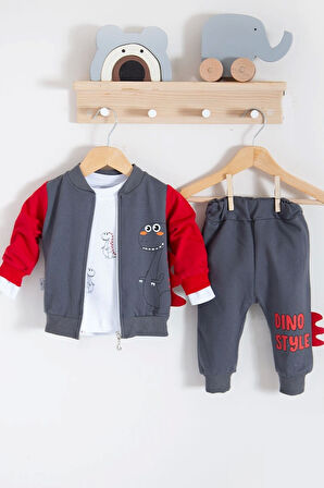 3-18 Ay Erkek Bebek Takımı Dinazor Hırkalı 3'lü Kırmızı