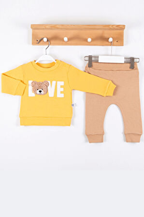 3-12 Ay Erkek Bebek Takımı Bear Love Nakışlı 2'li Sarı
