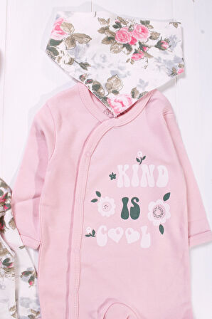 3-6 Ay Kind is Cool Nakışlı Kız Bebek 4'lü Tulum Seti Pembe