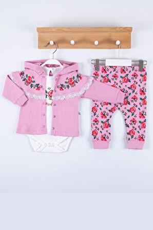 3-12 Ay Flover Nakışlı Hırkalı 3'lü Kız Bebek Takımı Pembe
