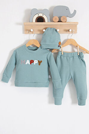 3-18 Ay Erkek Bebek Takımı Happy Nakışlı 2'li Yeşil
