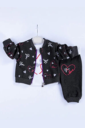 3-18 Ay Kız Bebek Takımı Kalp Hırkalı 3'lü Siyah