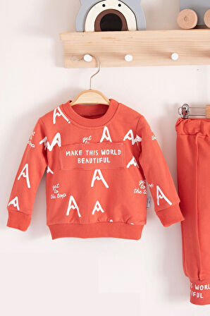 3-18 Ay Erkek Bebek Takımı Harf Baskılı 2'li Kiremit