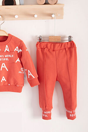 3-18 Ay Erkek Bebek Takımı Harf Baskılı 2'li Kiremit