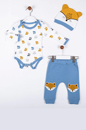 3-12 Ay Erkek Bebek Alt&Üst Takımı Little Fox 3'lü Mavi