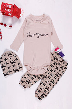 3-18 Ay Erkek Bebek Takımı Bıyık Gözlük 3'lü Kahverengi