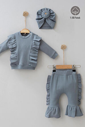 3-12 Ay Kız Bebek Takımı Omuz Fırfır Detay Boneli 3'lü Gri