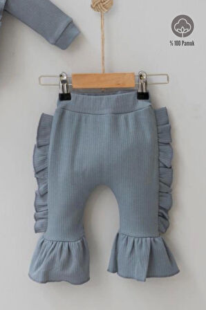 3-12 Ay Kız Bebek Takımı Omuz Fırfır Detay Boneli 3'lü Gri