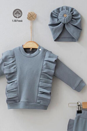 3-12 Ay Kız Bebek Takımı Omuz Fırfır Detay Boneli 3'lü Gri