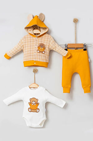 3-9 Ay Bear Çizgili Hırkalı 3'lü Bebek Alt&Üst Takımı Sarı