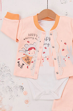 3-9 Ay Kız Bebek Takımı Happy Dancing 3'lü Hırkalı Somon