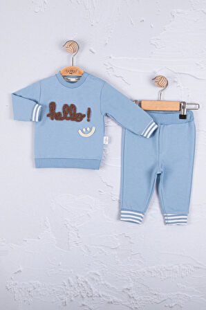 3-18 Ay Erkek Bebek Takımı Hello Nakışlı 2'li Mavi