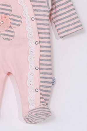 3-9 Ay Kız Bebek Tulumu Çiçek Nakışlı Ayaklı Somon