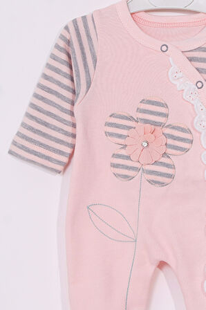 3-9 Ay Kız Bebek Tulumu Çiçek Nakışlı Ayaklı Somon