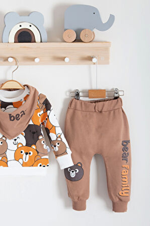 3-18 Ay Erkek Bebek Takımı Family Bears 3'lü Fularlı krem
