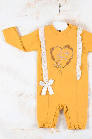 3-12 Ay Kız Bebek Tulumu Love Kalp Nakışlı Sarı