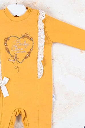 3-12 Ay Kız Bebek Tulumu Love Kalp Nakışlı Sarı