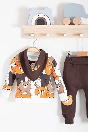 Family Bears Desenli 3'lü Fularlı Erkek Bebek Takımı Renkli Renk
