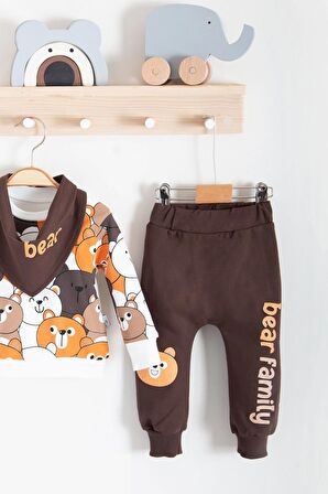 Family Bears Desenli 3'lü Fularlı Erkek Bebek Takımı Renkli Renk