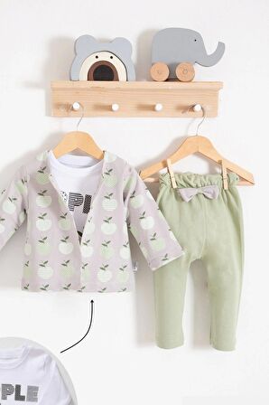 Elma Desenli Ceketli 3'lü Kız Bebek Takımı