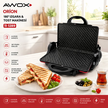 AWOX ORİON  KIRMIZI   8 DİLİM  ELEKTRİKLİ  TEFLON TOST MAKİNESİ  -  180° IZGARA   6 KADEME ISI AYARI   1800W