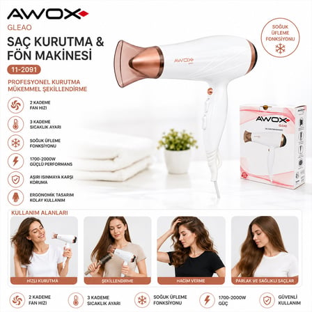 AWOX GLEAO BEYAZ SAÇ KURUTMA - FÖN MAKİNESİ SOĞUK ÜFLEME 2 KADEME FAN - 3 KADEME SICAKLIK 1700-2000W