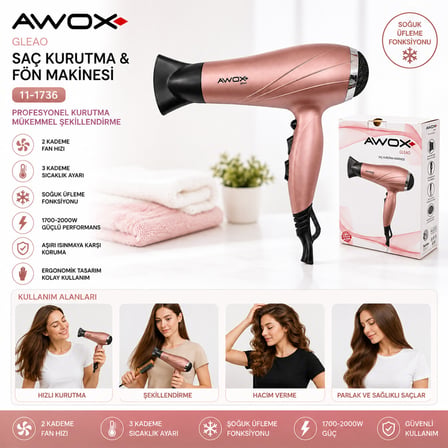 AWOX GLEAO  ROSE-GOLD  SAÇ KURUTMA - FÖN MAKİNESİ  SOĞUK ÜFLEME   2 KADEME FAN - 3 KADEME SICAKLIK   2000W