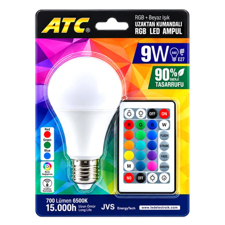 KUMANDALI - RGB 9W=60W - E27 LED AMPUL 700LM 15000 SAAT ÖMÜR