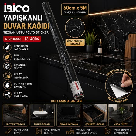 5MT X 60CM SİYAH MERMER DESENLİ TEZGAH ÜSTÜ FOLYO STİCKER - DUVAR KAĞIT KENDİNDEN YAPIŞKANLI - EKO DEKORASYON - DAYANIKLI