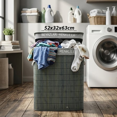 GRİ DİKDÖRTGEN 2 BÖLMELİ 52X32CM Y:63CM BAMBU AHŞAP KİRLİ ÇAMAŞIR SEPETİ KUMAŞ ÇANTALI İP KULP