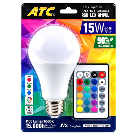 KUMANDALI - RGB 15W=90W - E27 LED AMPUL 1100LM 15000 SAAT ÖMÜR