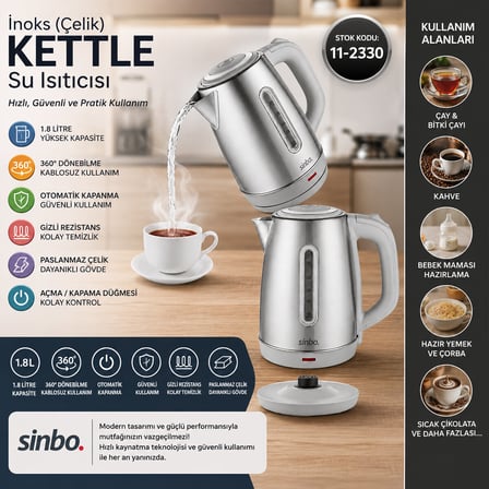 İNOKS ÇELİK KETTLE SU ISITICISI KABLOSUZ KULLANIM 1.8LT 360° DÖNEBİLME OTOMATİK KAPANMA SK-8031