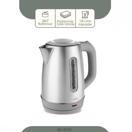 İNOKS ÇELİK KETTLE SU ISITICISI KABLOSUZ KULLANIM 1.8LT 360° DÖNEBİLME OTOMATİK KAPANMA SK-8031