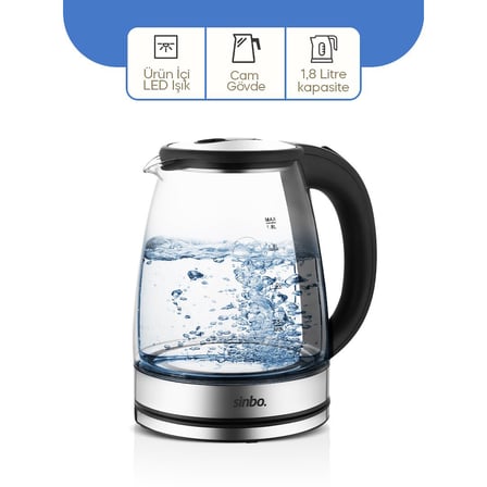 CAM - LEDLİ KETTLE 1.8LT  GİZLİ REZİSTANS - KABLOSUZ 360 DERECE GÖVDE 1500W SK-8033