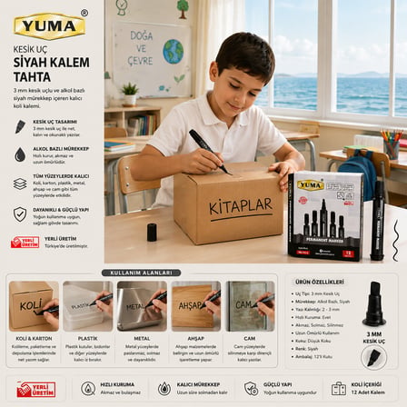 12 ADET SİYAH TAHTA KALEM KESİK UÇ 3MM