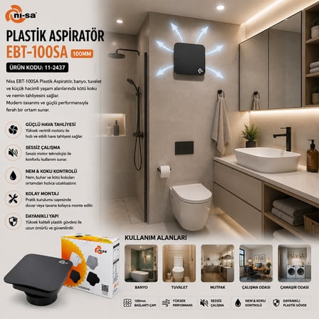 PLASTİK ASPİRATÖR 100 ANTRASİT BANYO TUVALET HAVALANDIRMA ASPİRATÖRÜ 12W EBT-100SA
