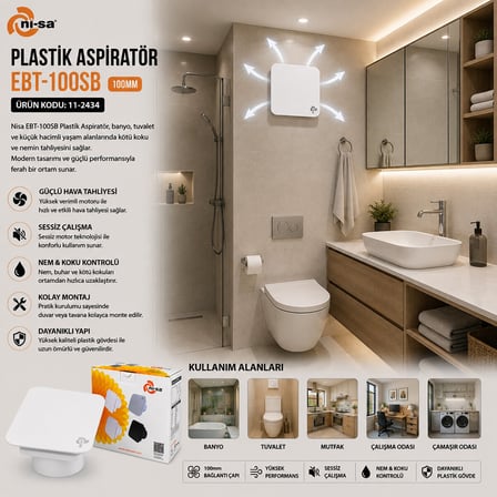 PLASTİK ASPİRATÖR 100 BEYAZ BANYO TUVALET HAVALANDIRMA ASPİRATÖRÜ 12W EBT-100SB