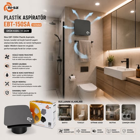 PLASTİK ASPİRATÖR 150 ANTRASİT BANYO TUVALET HAVALANDIRMA ASPİRATÖRÜ 20W 2800RPM 320M3/H EBT-150SA