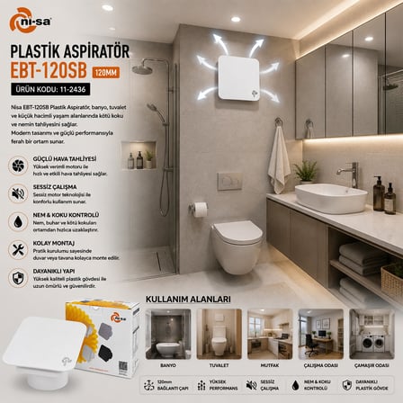 PLASTİK ASPİRATÖR 120 BEYAZ BANYO TUVALET HAVALANDIRMA ASPİRATÖRÜ 16W 1900RPM 80M3/H EBT-120SB