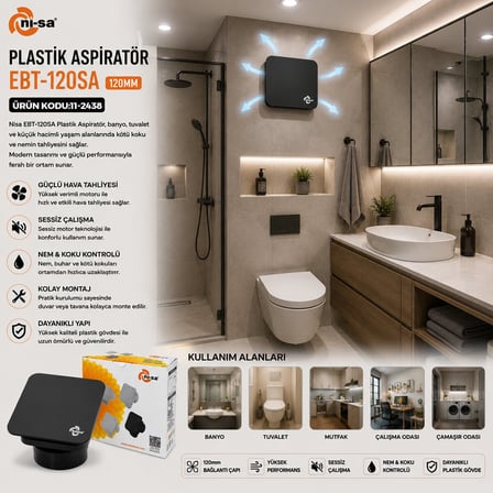 PLASTİK ASPİRATÖR 120 ANTRASİT BANYO TUVALET HAVALANDIRMA ASPİRATÖRÜ 16W 1900RPM 180M3/H EBT-120SA