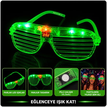 LED Işıklı Panjur Parti Gözlüğü Yeşil Renk Shutter Gözlük