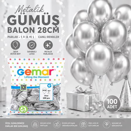 GM-110-38 METALİK - GÜMÜŞ BALON 11'' - 28CM - 100 PARÇA