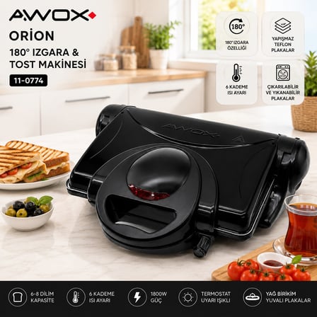 AWOX ORİON SİYAH TOASTER 8 DİLİM TOST MAKİNESİ - 180° IZGARA 1800W